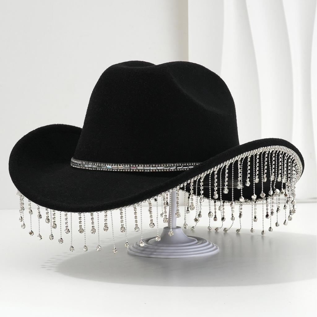 Cross-border Popular Women's Unique Sweet Top Hat Square Point Diamond Hat Chain with Rhinestone Tassel Suitable for Music Parties