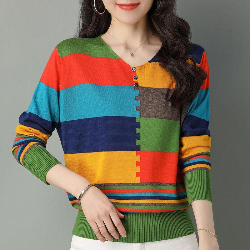 Women's Thin Knitted Sweater Long Sleeve Colorblock Thin Pullover V-neck Knit Loose Top