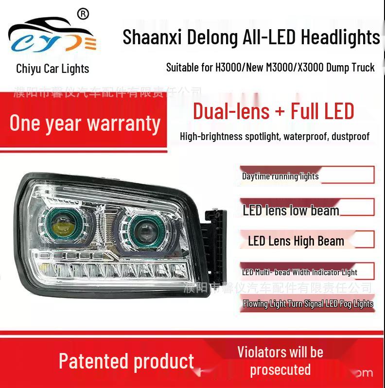 LED Headlights with Angel Eye Dual Lenses for Shaanxi Automobile Delong H3000, New M3000, X3000 Dump Trucks