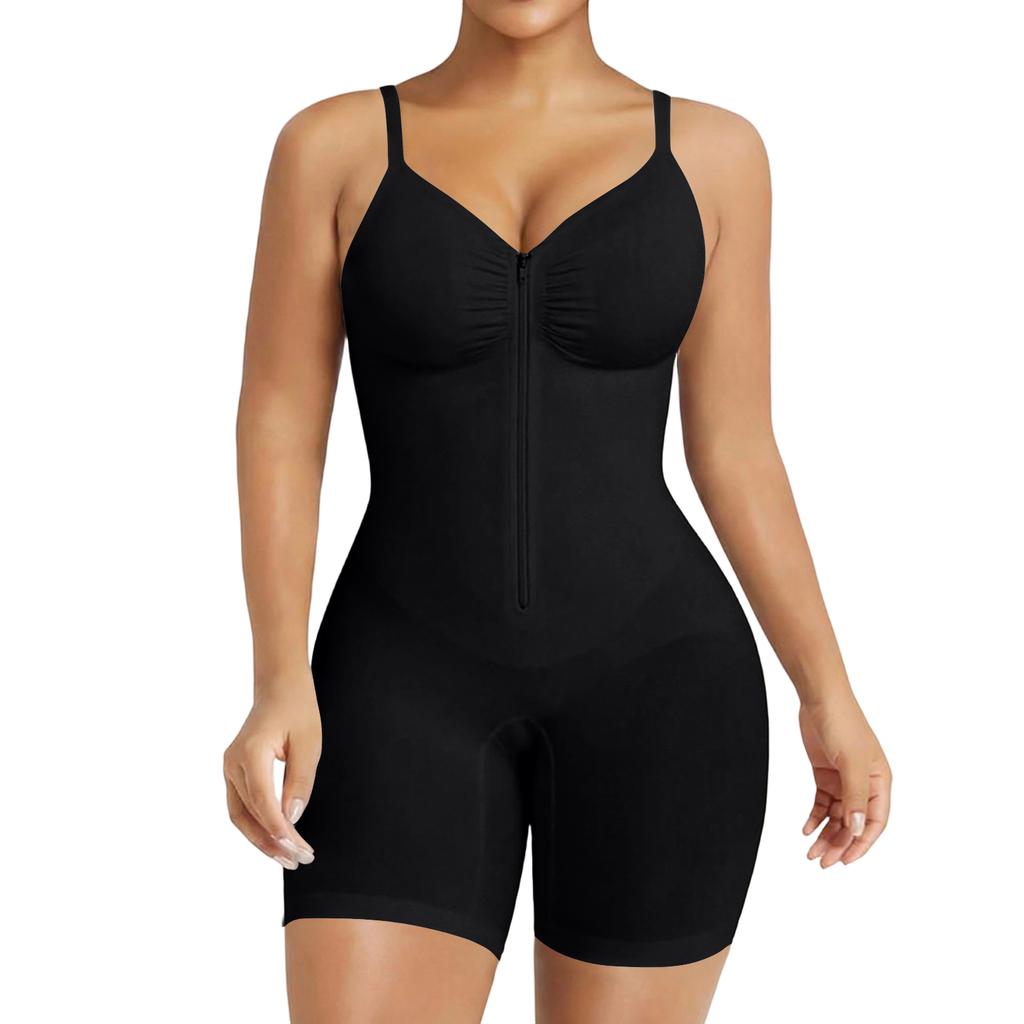 Women's Seamless Zipper Front Bodysuit Shapewear Compression with Adjustable Straps and Tummy Control Shorts