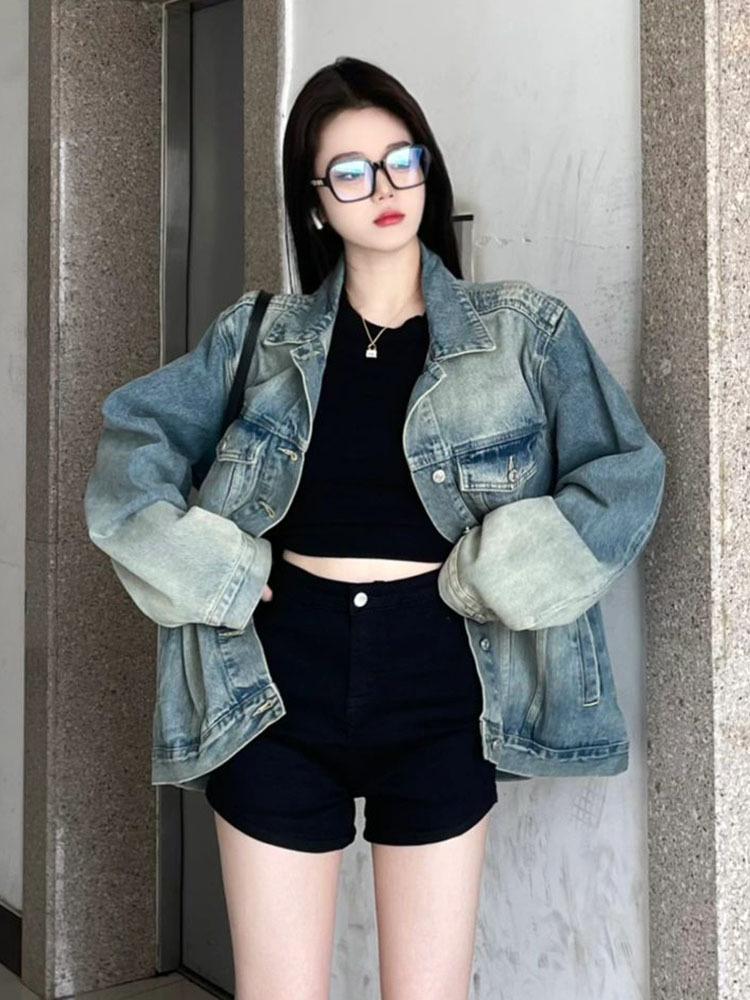 

Женская куртка свободного покроя из денима в американском стиле в стиле ретро - стиль BF, рабочая одежда весна и осень XL (recommended for 140-160 lbs)