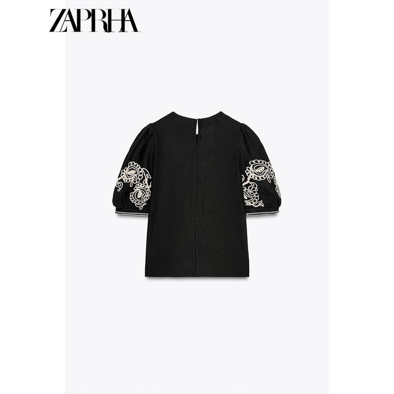 Zaprha 2025 Summer New Western Style Linen Blend round Neck Puffy Short sleeve Embroidery Top 2731105