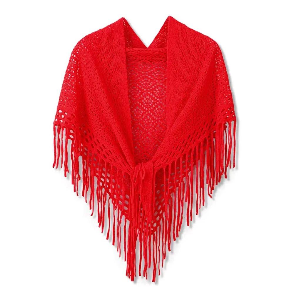 Casual Retro Knitted Shawls Solid Color Versatile Hollow Scarves Breathable Soft Tassels Shawls for Women