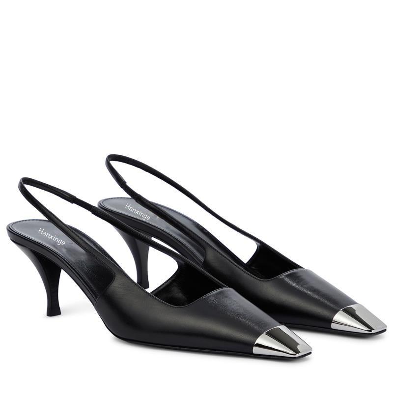 Black High Heels Women's 2024 Spring and Autumn New Patent Leather Thin Heel Metal Square Head Fashion Single Shoes Women's Shoes