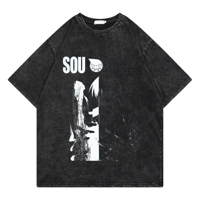 Soul Eater T Shirt Vintage Washed T Shirt Anime Printing Graphic Streetwear Hip Hop Loose Y2k T-Shirt Summer Casual Cotton Tees