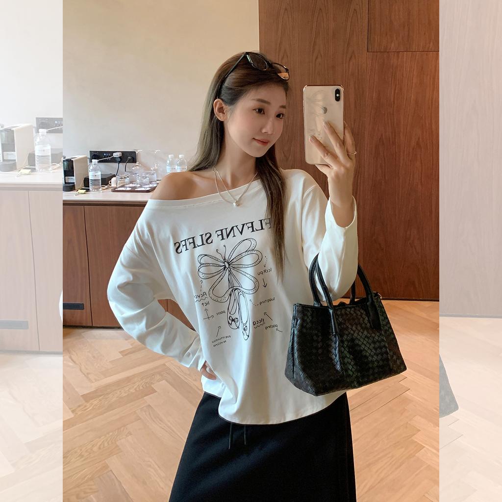 Lazy wind slanted shoulder loose long-sleeved T-shirt women's autumn new loose shoulder undershirt top