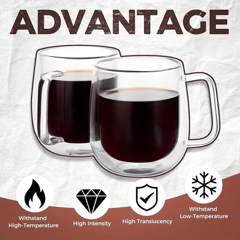 2 Pack Glass Coffee Mugs - Double Wall Insulated Mug Set with Handle, Tea Latte Cappuccino Cup for Latte, Macchiato, Americano