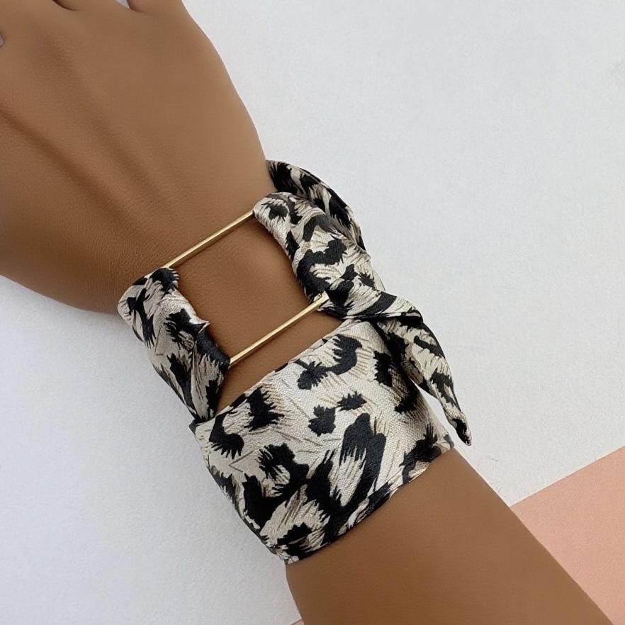 New Trendy Boho Women Leopard Print Silk Scarf Bracelet Stainless Steel Ring Charm Wrap Wristband Jewelry Irregular Metal