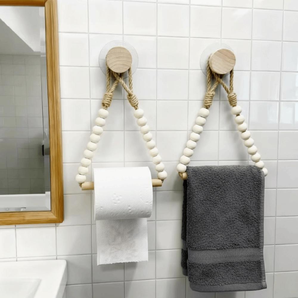 Nordic Style Wood Tissue Holder Handwoven Rope Roll Paper Holder Towel Display