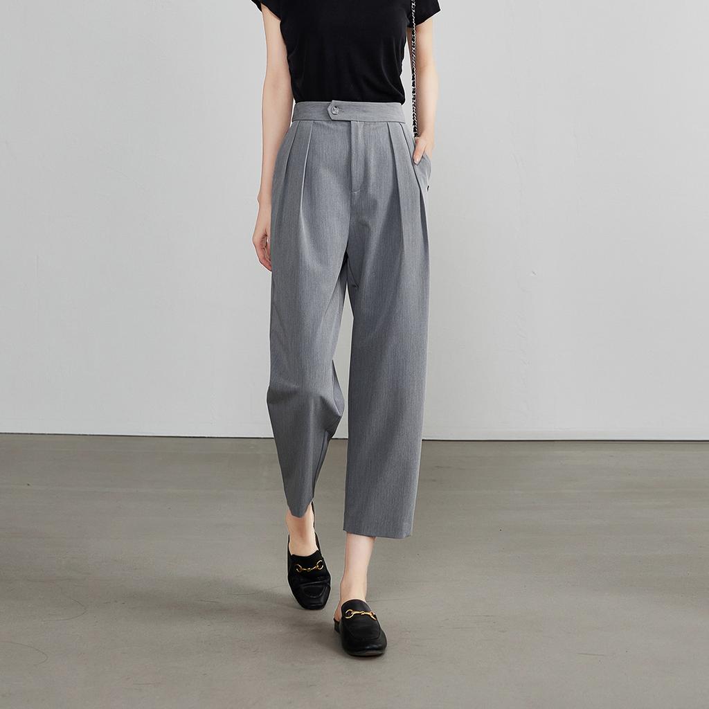 Half elastic waist double pleated commuting casual pants for women in 2026 summer, thin, fashionable and versatile, Haren cropped pants