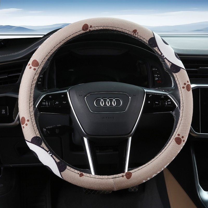 Car Steering Wheel Cover D-Shaped Handlebar Cover Summer Breathable Non-Slip Sweat-Absorbent Linen All-Season Universal Cartoon Cute for Women