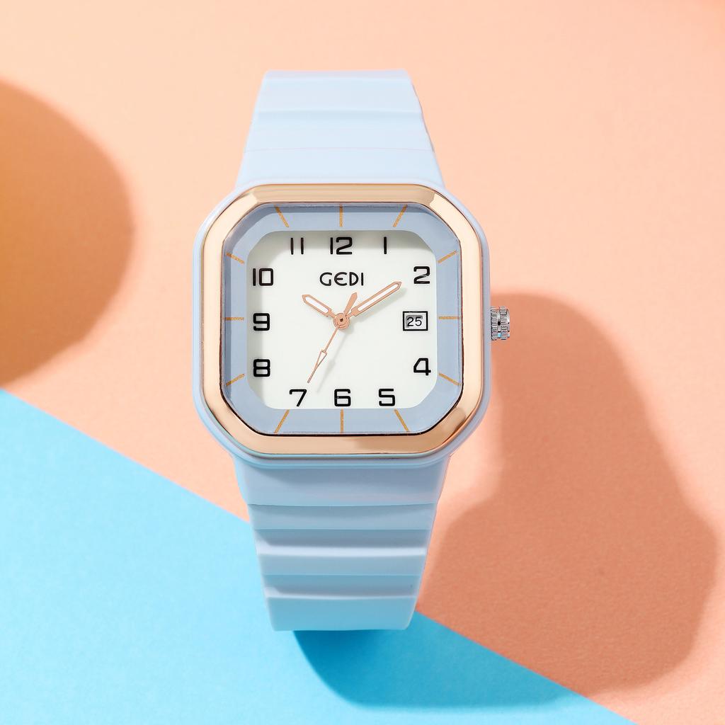 Student Sports Wind Test Watch Square Dial With Luminous Belt Calendar Silicone Belt Waterproof Quartz Watch