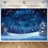 Christmas Night Sky Background Fabric - Pine Trees  Blue and White Snowflakes  Polyester - Living Room and Outdoor Decoration