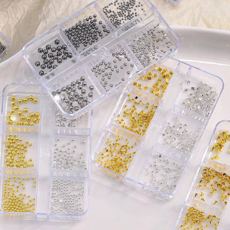 6 Grids 3D Mini Punk Metal Nail Studs Mix Size Silver Gold Black Nail Art Charms Alloy Rivets Stick Cone Diy Crafts Decoration