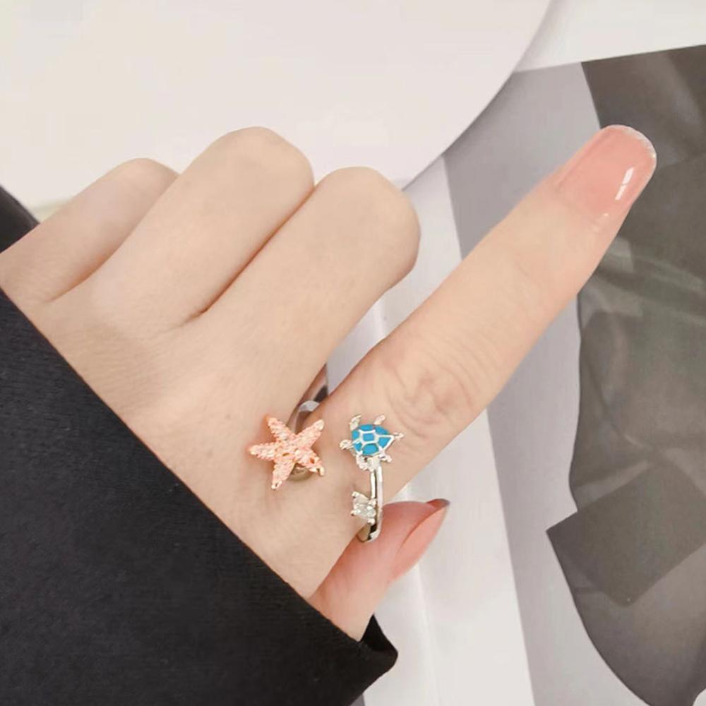 Adjustable Cute Turtle & Starfish Spinning Ring For Women Anti-Stress Anxiety Free-Rotate Aesthetic Wedding Ring Bague Femme