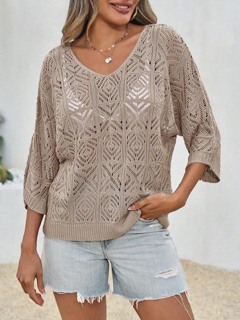 Women's Crochet Hollow Out Cover Up Top Off Shoulder Three Quarter Sleeve Mesh Beachwear
