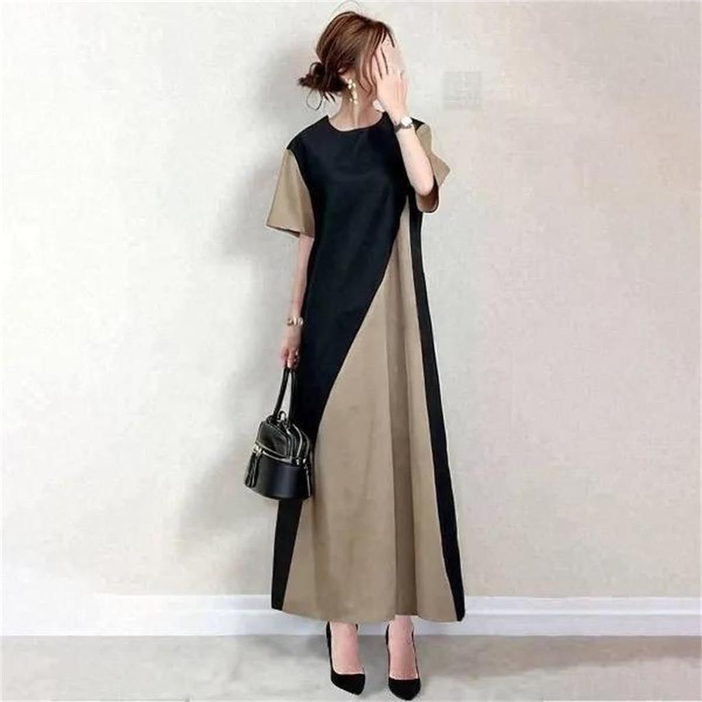 YUANYUAN Summer Don King Short Long Round High Loose Perfect for Summer Women's Color-Matching Dress, Dress, Sleeves, Length, Neck, Waist, A-Line,