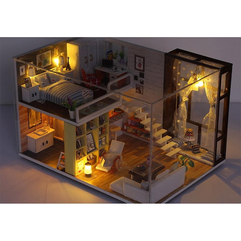 Caro Dollhouse Miniature DIY Kit Modern Two-Story House with LED Light and Acrylic Case Interior Model Room