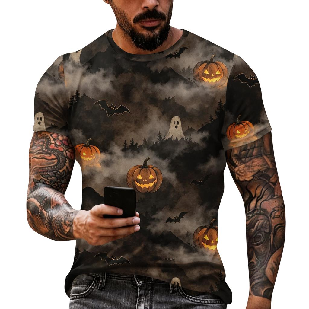 Men's Halloween Graphic Short Sleeve T Shirt Loose Fit Casual Summer Daily Top with Skull and Pumpkin Print for Everyday Wear