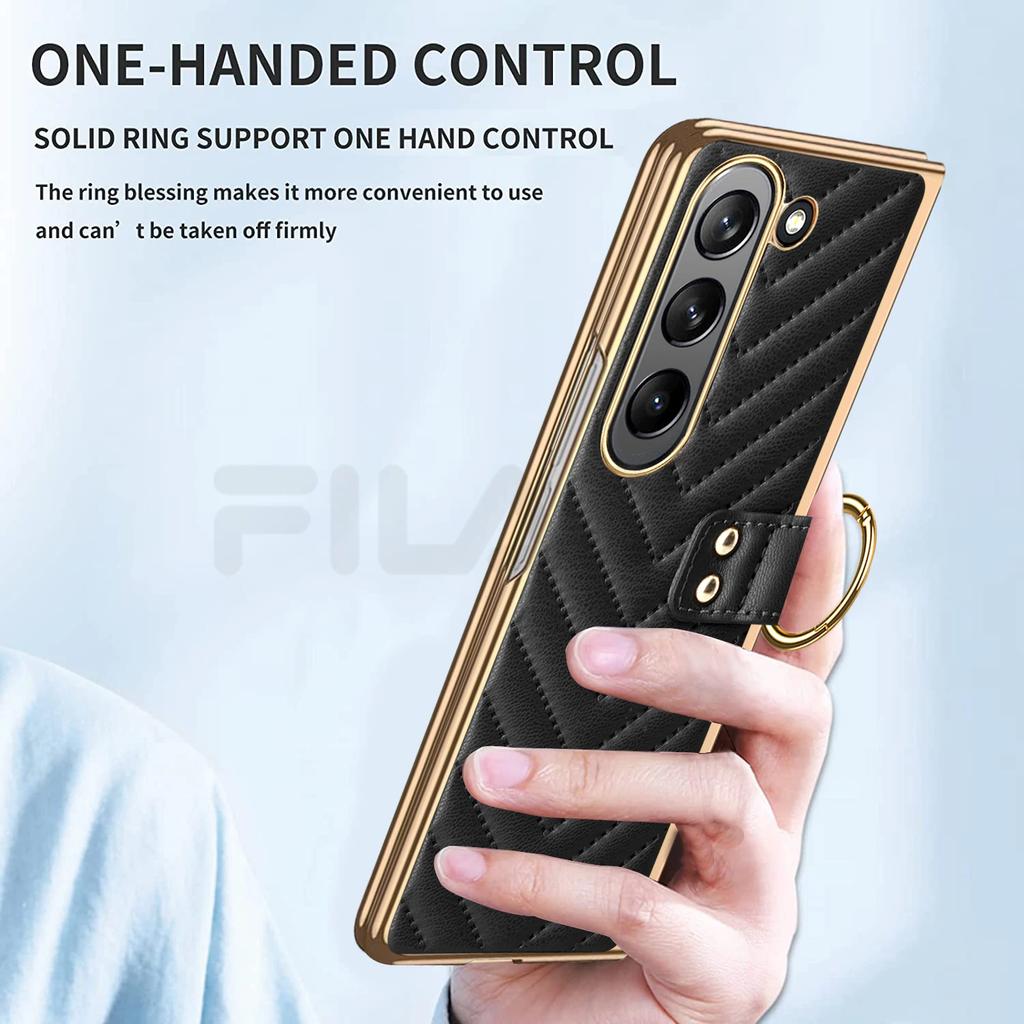 Elegant Plating Leather Ring Bracket for Samsung Galaxy Z Fold 6 5 4 3 Magnetic Case with Tempered Film Folding Shockproof Cover