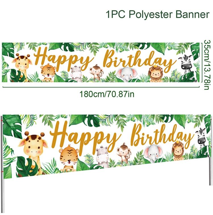 200*40cm Jungle Animal Theme Safari Happy Birthday Party Decoration Baby Shower Banner Background Kids Favor Monkey Giraffe