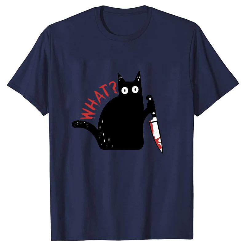 Black Cat with a Knife Rinted Tshirts Unisex Women Unisex Casual Loose Round Neck Creative Personalized Tshirts WHAT Pattern Top