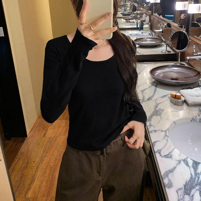 

Новая футболка с U-образным вырезом в стиле ранней осени для женщин, свободного кроя, однотонная нижняя часть рубашки с длинными рукавами внутри. L