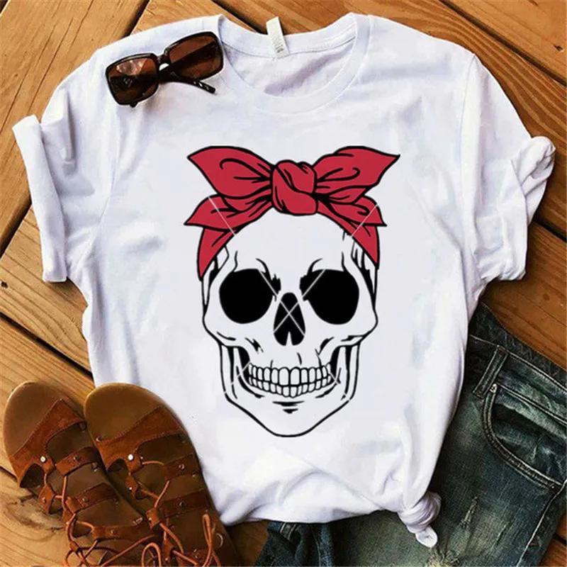 Fashion Leopard Skull Printed Women T-shirt Summer Loose Black Female T-shirt Casual Round Neck Harajuku Tops Woman Clothes