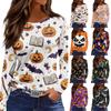 Women's Halloween Print Long Sleeve Top with Round Neck and Hem Slit