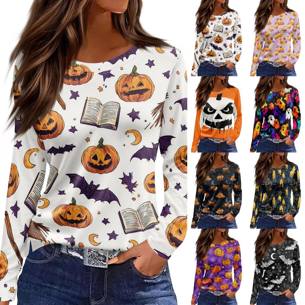 Women's Halloween Print Long Sleeve Top with Round Neck and Hem Slit