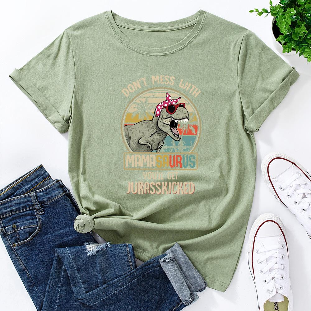 

Dinosaur Pattern Pure Cotton Loose Round Neck Short Sleeved Women s T-shirts 3XL оливковое зеленый