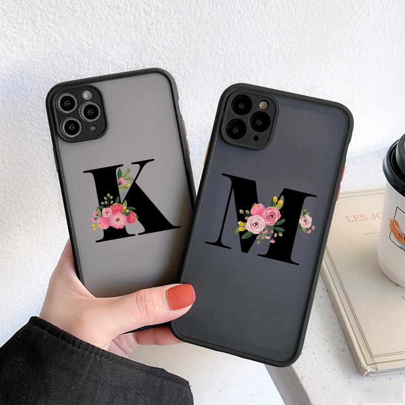 Black Letter Flower Matte Phone Case For iPhone 15 12 14 Pro Max Cases For iPhone 11 13 pro Back Cover fashion Shell Coque