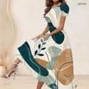 Women Plus Size Round Neck Short Sleeve Colorful Printed A Line Long Dress
