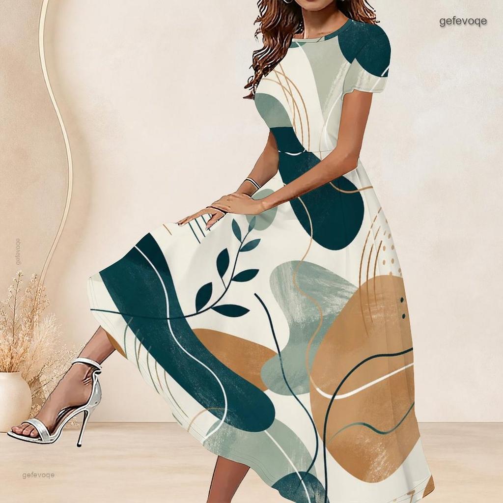 Women Plus Size Round Neck Short Sleeve Colorful Printed A Line Long Dress