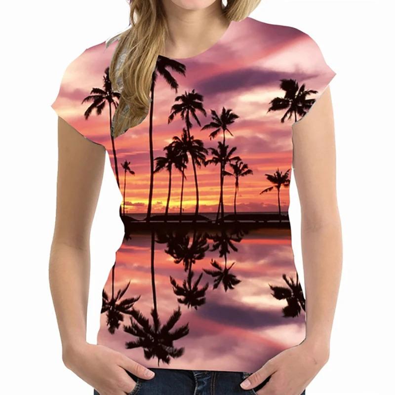 Hawaii-T-Shirts mit Palmen, 3D-Druck, für Damen, Streetwear, lässig, kurzärmelig, übergroß, Harajuku, Damen-Tops, Tees, Kleidung