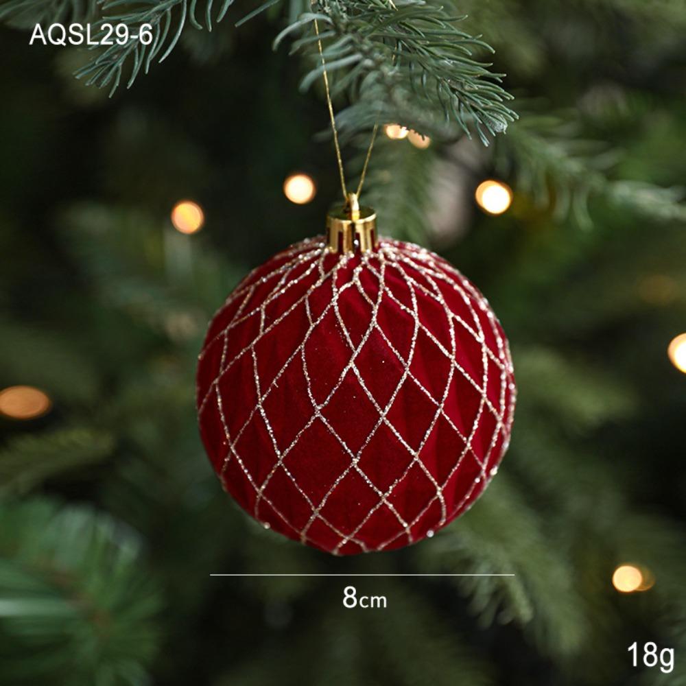 Durable Plastic Flocked Christmas Ball 8cm Red&Gold Xmas Ornament Ball Suspensable Christmas Tree Balls Scene Supplies