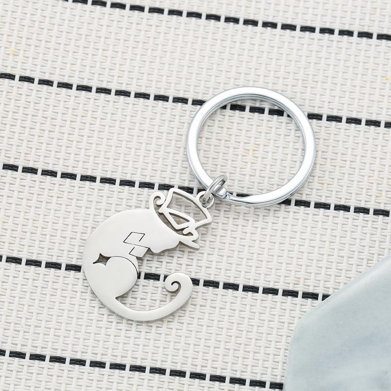 Gold Silver Black White Splicing Cat Stainless Steel Keychain Cute Cartoon Design Fashion Couple Pendant Practical Backpack Decoration