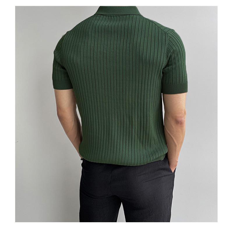 Summer Vintage Polo-neck Knitting Pullover Top Male Short Sleeve Solid Color Tee Men Casual Fashion T-shirt