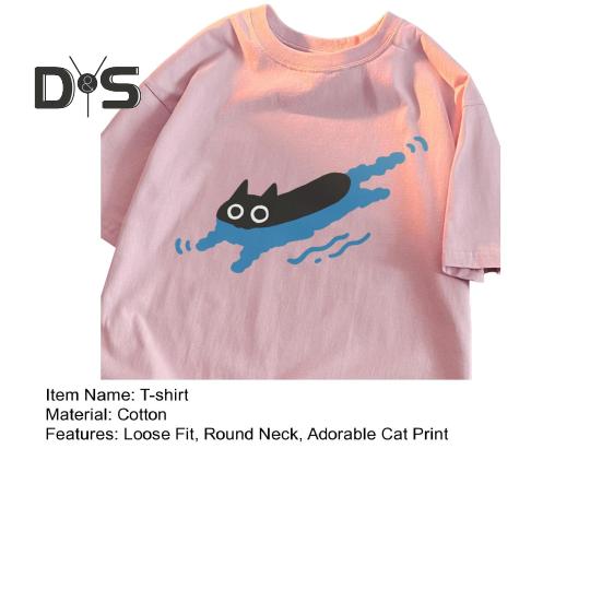 Pár Ležérní Tričko Kreslená Černá Kočka Potisk Tričko Kulatý Výstřih Volný Letní Top pro Muže Ženy Domácí Posilovna Streetové Oblečení