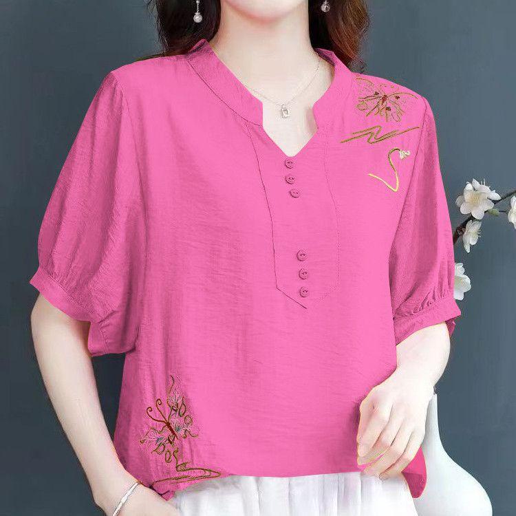 

Dopamine Wear Литературный Ретро Летний Новый Топ Хлопок и Лен Короткий Рукав Мода Большой Размер Вышивка Универсальный 3XL розы красного