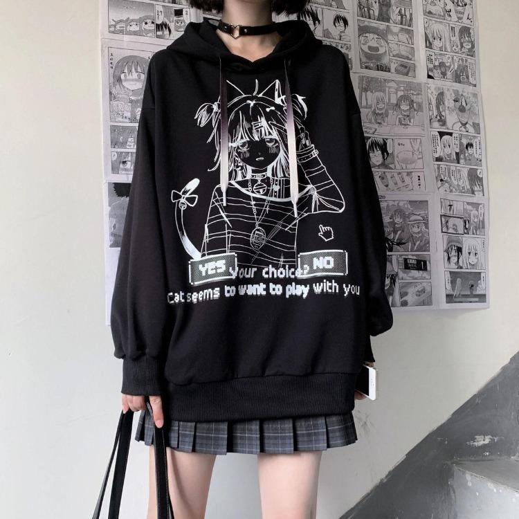 Sudadera con capucha Gótica de Anime Oversize para Mujer Harajuku Streetwear Pulóver Manga Larga Negro Blanco Moda Femenina Sudadera