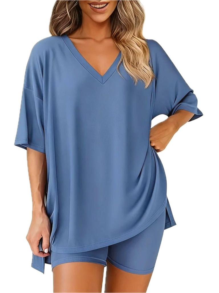 2026 Summer Chic European & American V-Neck Solid Color Loose Pajama Set