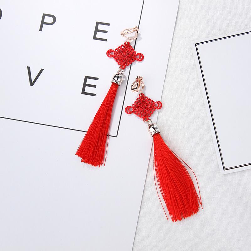 Hanfu-Inspired Red Tassel Clip-On Earrings with Chinese Knot Design