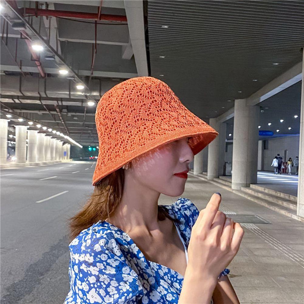 Basin Hollow Pure Color Caps Knitted Hat Linen Female Hats Sun Hat Korean Style Caps Bucket Hat