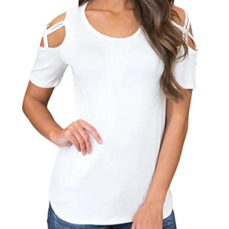 

Европейская и американская повседневная футболка однотонная с перфорированным плечевым ремнем с короткими рукавами и открытыми плечами женская одежда S белый