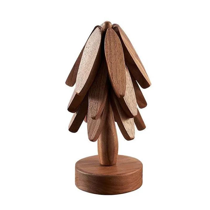 

4PCS Wooden Trivets for Hot Dishes Folding Tree Shape Design Anti Scald Heat Resistant Table Mat Set Coaster Wood Placemats Pot L