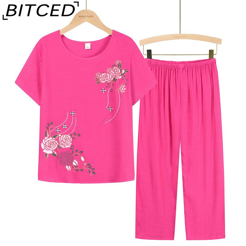 

BITCED Літній комплект із двох предметів для жінок середнього та старшого віку: Мамин костюм, бабусина футболка з короткими рукавами та топ, і піжама старенької. XL рожевий