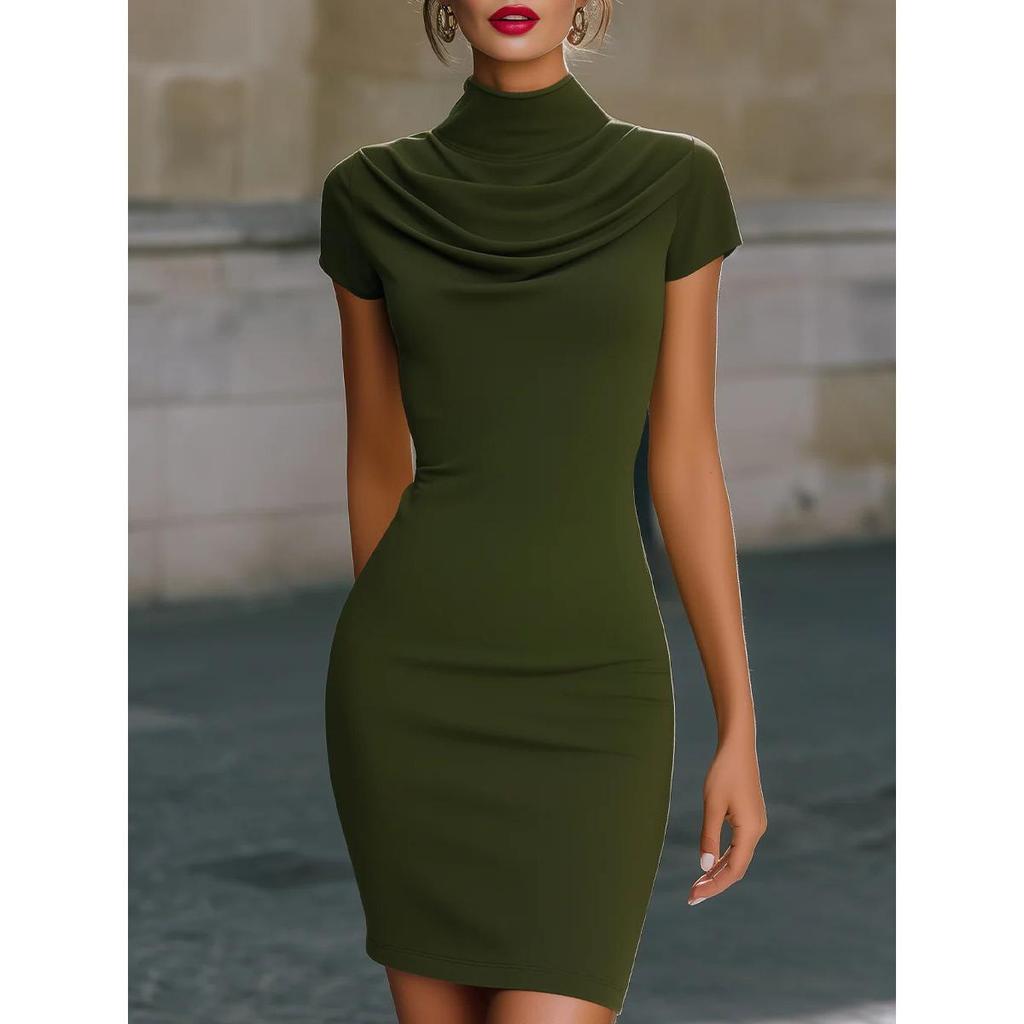 2026 Elegant Cowl Neck Bodycon Mini Dress for Women, Short Sleeve High Neck Slim Fit Party & Casual Wear
