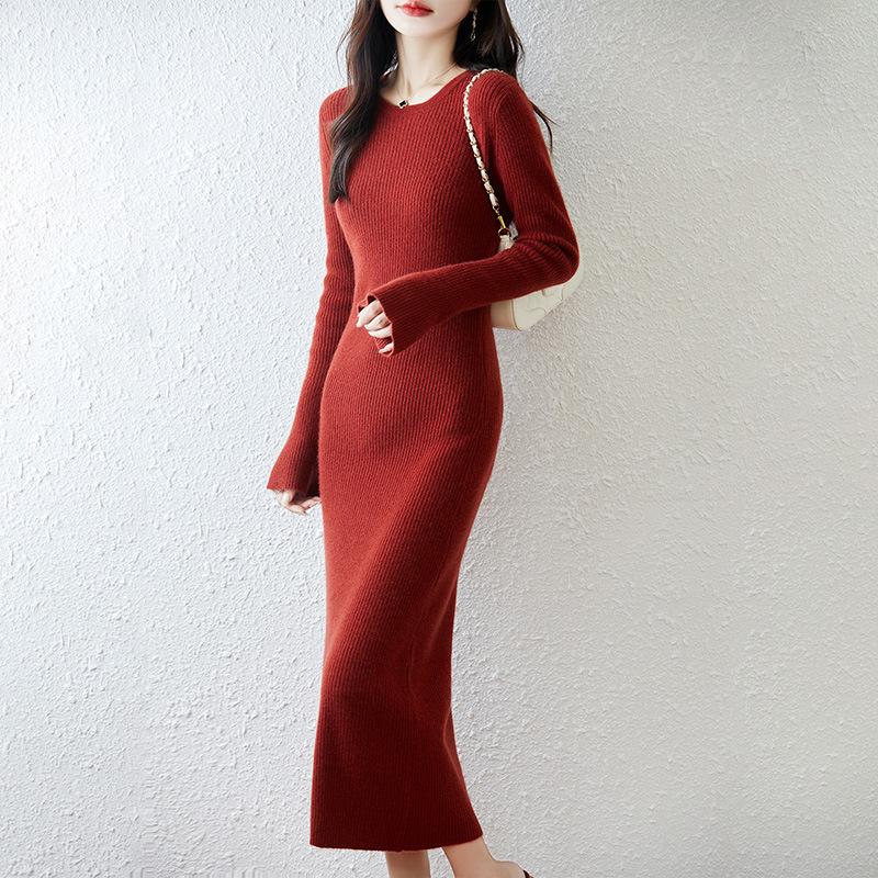 Women's Knee-Length Pure Wool Bell Sleeve Knit Dress - Autumn Winter Slim Fit