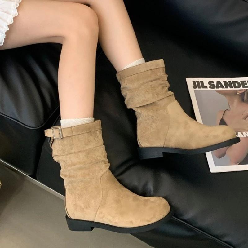 Women's Boots Round Toe Pleated Ankle Botines Fashion Belt Buckle Design Chunky Heel High Heels Comfort Non Slip Mid Calf Boots